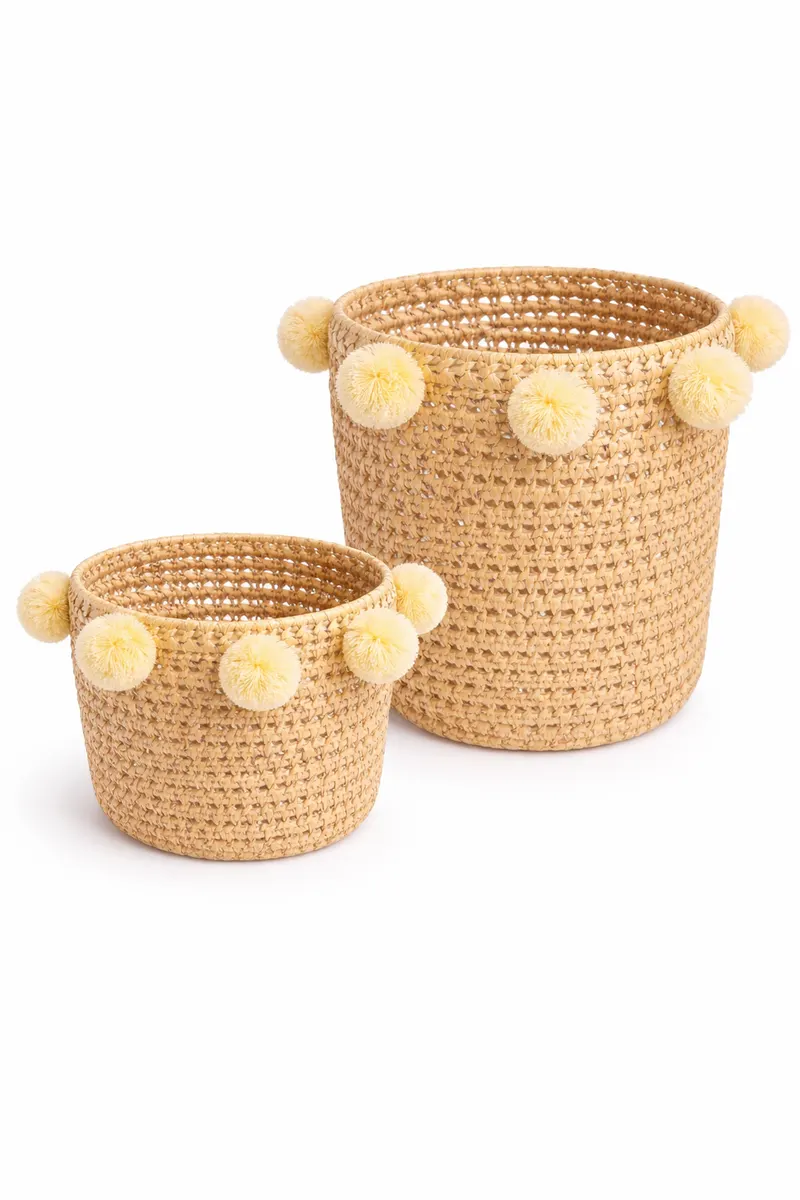 SOLA - Moyen panier en feuilles de palmier pompoms